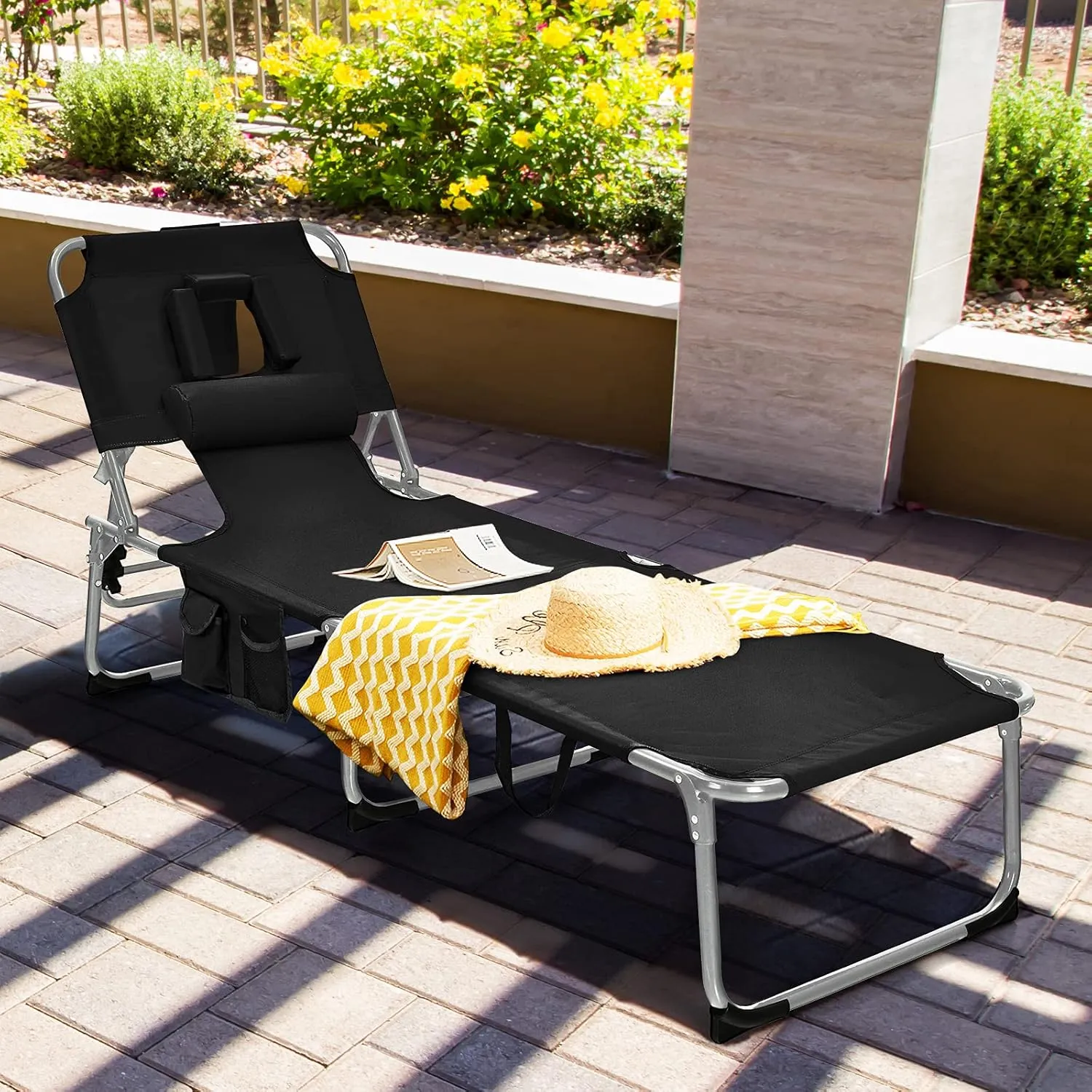 Goplus Tanning Chair, Folding Beach Lounge Chair with Face &Arm Hole, 5-Position Adjustable,Removable Pillow,Side Pocket, Sunbathing Chair, Portable Outdoor Lounge Chair for Patio Pool Lawn (1, Black)