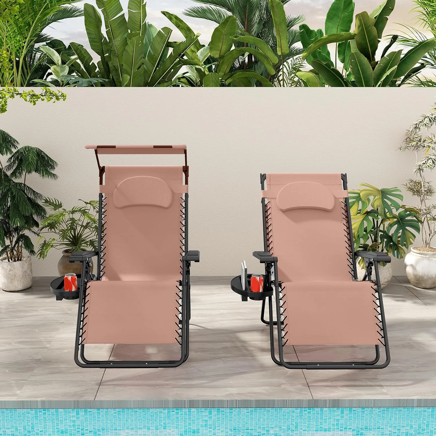 Goplus Zero Gravity Chairs, X-Large Folding Lounge Lawn Chair w/Canopy Shade & Cup Holder, Adjustable Folding Patio Recliner for Pool Porch Deck Oversize (Coffee)