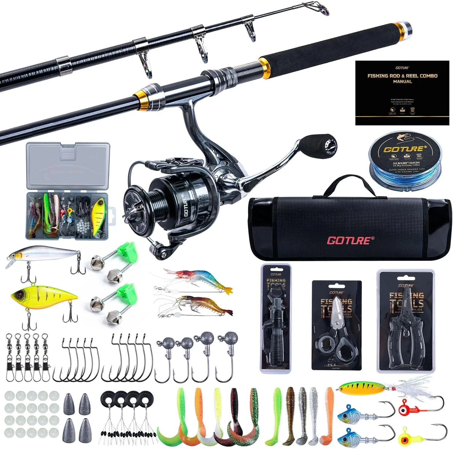 Goture Fishing Rod and Reel Combos-Telescopic Fishing Pole Spinning Reel Lures Set with Carrier Bag,Telescopic Rod Kit for Starter Travel Saltwater Freshwater Fishermen, Gear Gifts for Men