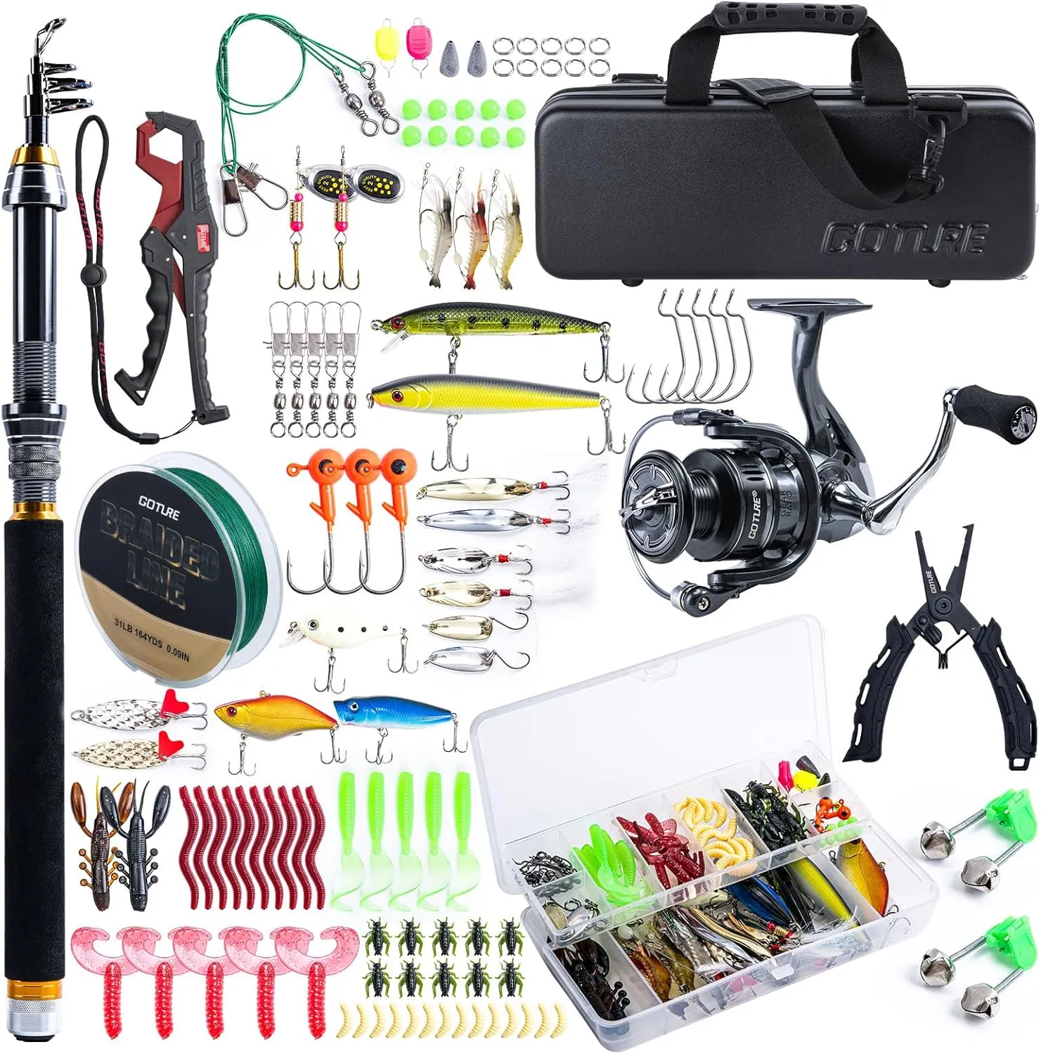 Goture Rod and Reel Combo - Telescopic Pole With Spinning Reel, Lures Set, PC Hard Shell Suitcase - Travel Saltwater Fishing Kit for Starter, Gifts for Men