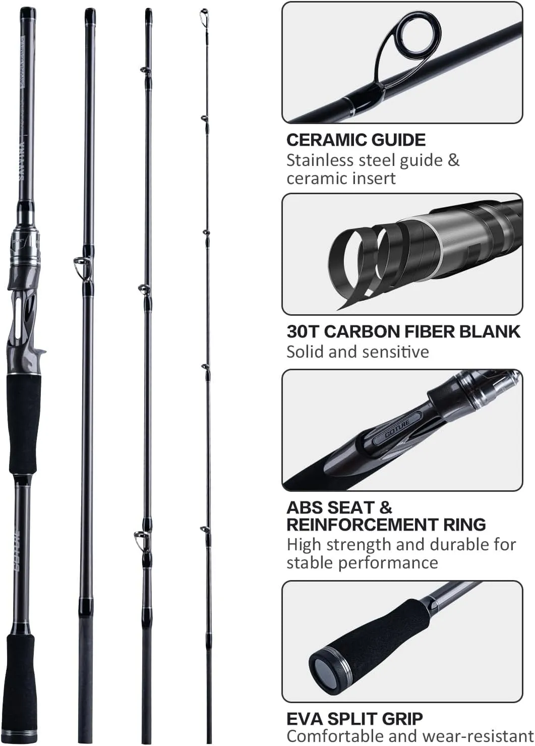 Goture Travel Fishing Rods with Case, 4 Piece Fishing Rod, Casting/Spinning Rod, 30T Carbon Fiber Quality Fishing Pole for Saltwater Trout, Bass, Walleye, Pike