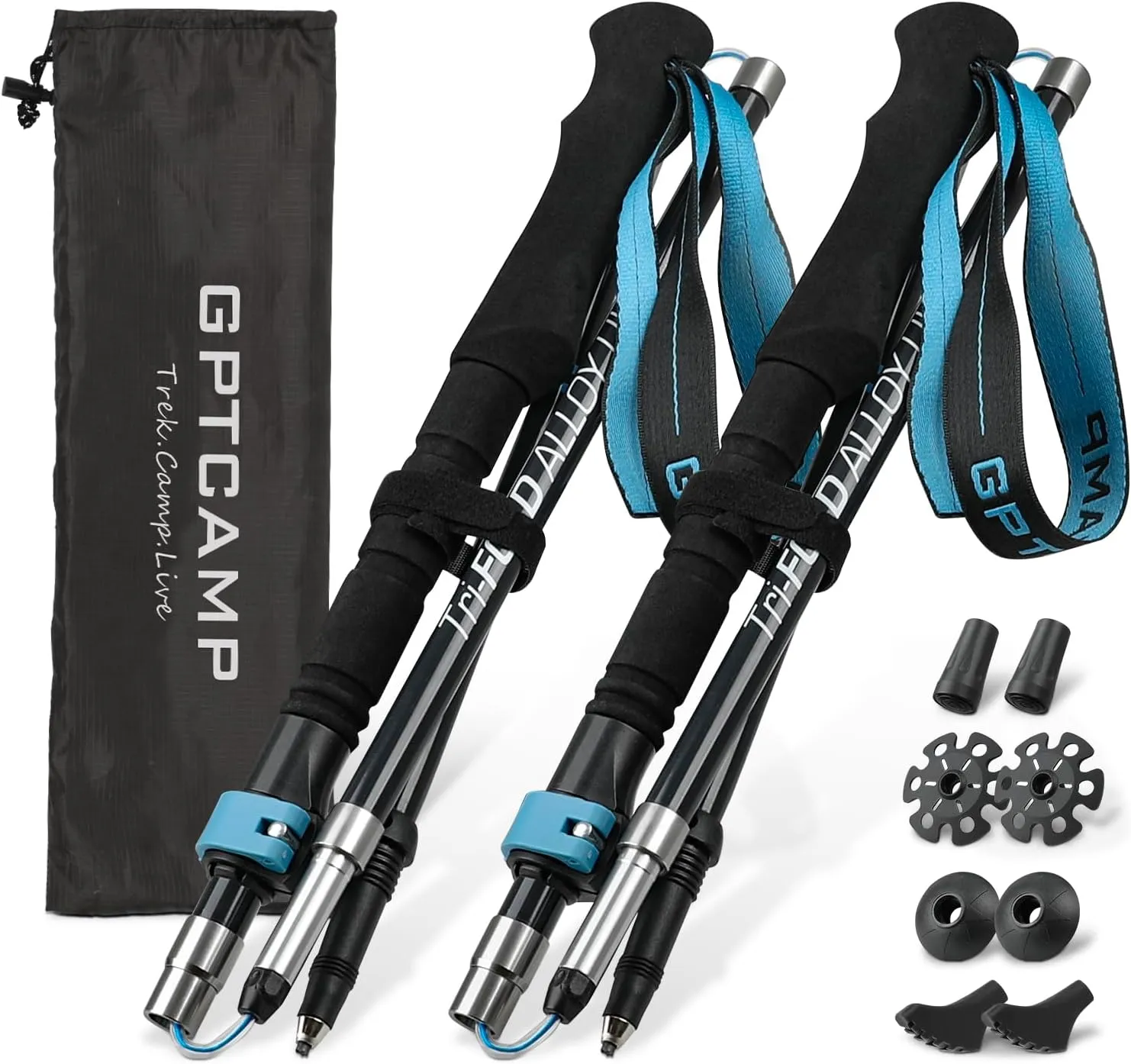 GPTCAMP Walking Sticks Collapsible Hiking Poles,Lightweight Trekking Poles Made of Carbon -Aluminum,2pcs Folding Halking Stick for Men & Women,with Extra-Long Foam Handle and Flip Lock,Blue