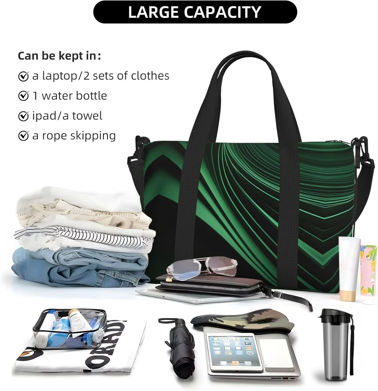Green Curve Texture Women Travel Duffel Bag, Large Weekender Carry-On Tote, Gym Workout Bag,Mommy Hospital Bag