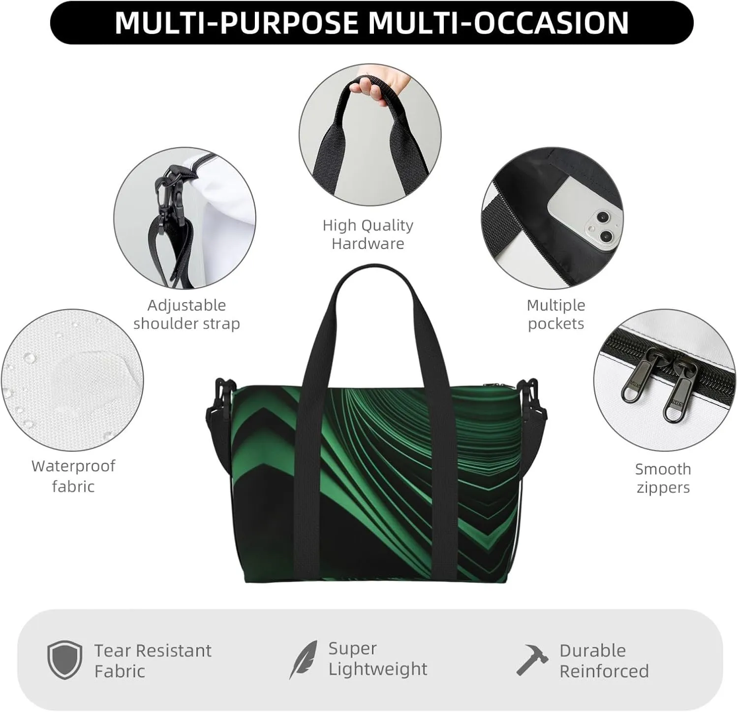 Green Curve Texture Women Travel Duffel Bag, Large Weekender Carry-On Tote, Gym Workout Bag,Mommy Hospital Bag