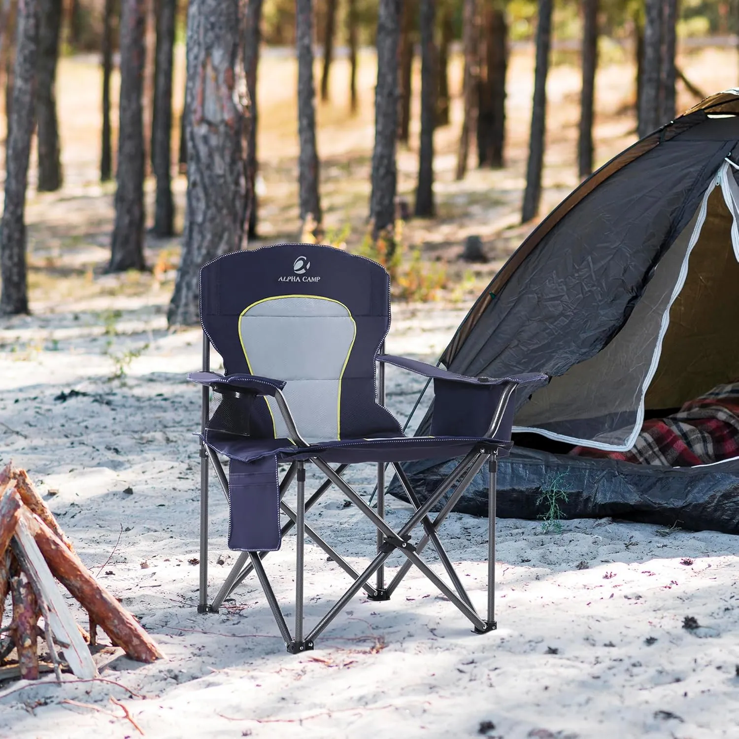 GREEN PARTY Oversized Folding Camping Chairs High Back Heavy Duty Padded Lawn Chair for Adults Support up to 450lbs with Cup Holder, Side Pocket Cooler Bag, Blue