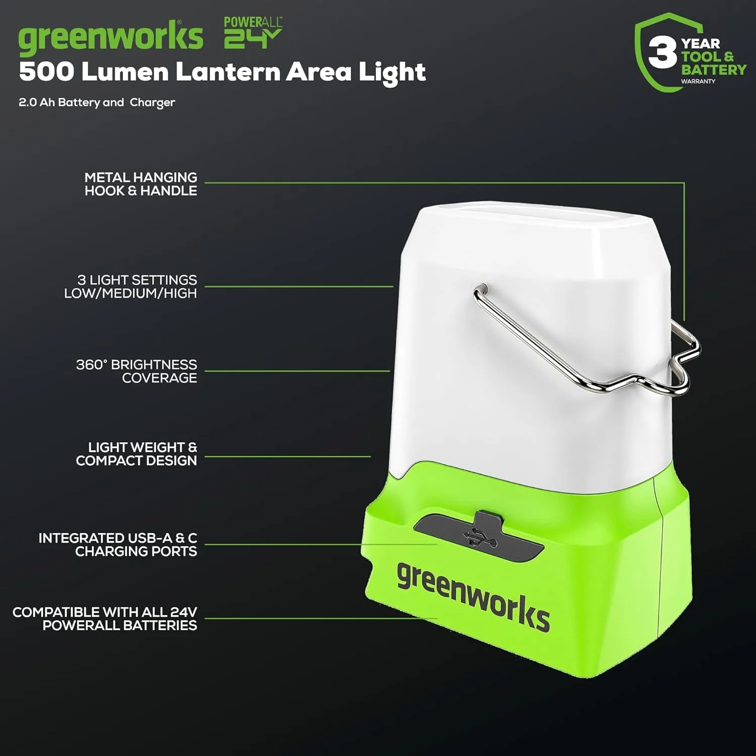 Greenworks 24V Lantern Cordless 500lm Camping Light with USB-A and USB-C Port, tool only