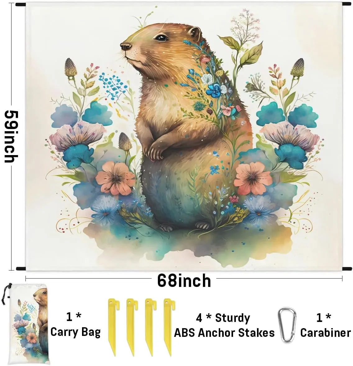 Groundhog Flower Beach Blanket Waterproof Sandproof 68"x59" Large Beach Mat Lightweight Outdoor Picnic Blanket with 4 Stakes & 4 Corner Pockets for Travel Camping Hiking