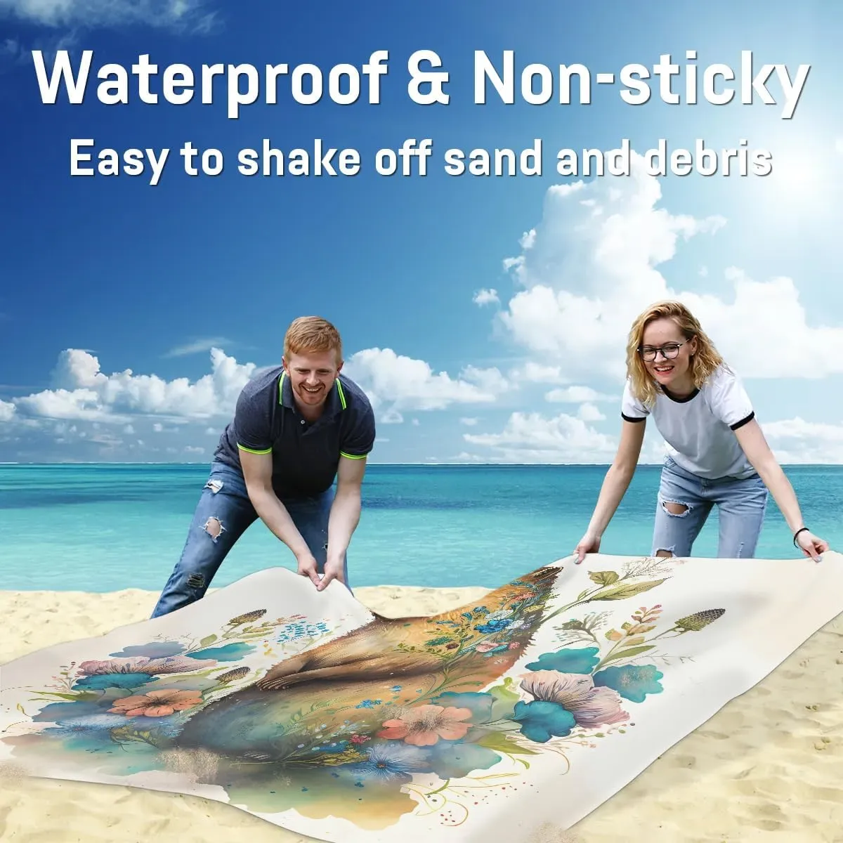 Groundhog Flower Beach Blanket Waterproof Sandproof 68"x59" Large Beach Mat Lightweight Outdoor Picnic Blanket with 4 Stakes & 4 Corner Pockets for Travel Camping Hiking
