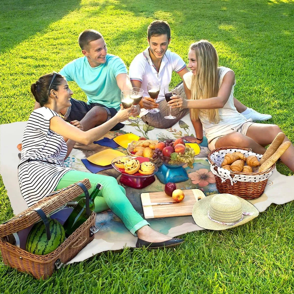 Groundhog Flower Beach Blanket Waterproof Sandproof 68"x59" Large Beach Mat Lightweight Outdoor Picnic Blanket with 4 Stakes & 4 Corner Pockets for Travel Camping Hiking