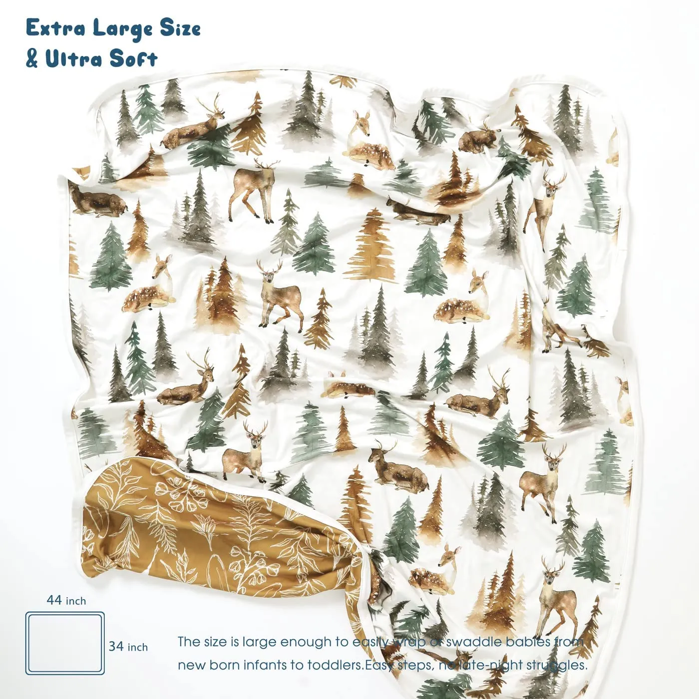 GRSSDER Baby Blankets Super Soft Stretchy Jersey Swaddle Blanket 2 Pack for Girls and Boys, Double Layer Reversible Receiving Blankets 34 x 44, Extra Large for Swaddling, Deer & Beige