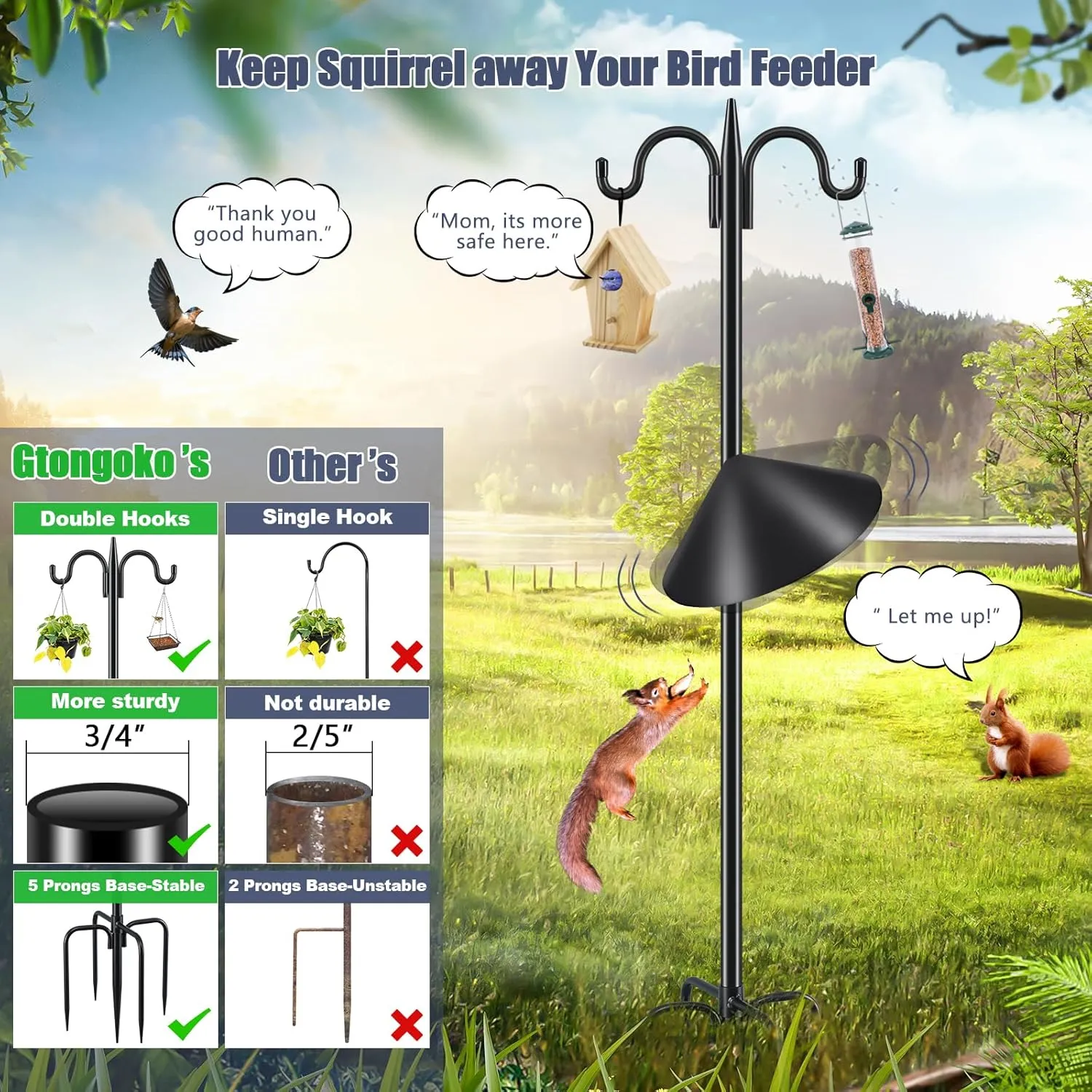 Gtongoko Bird Feeder Pole Squirrel Proof, 92 Inch Double Shepherds Hook for Outdoor with Squirrel Baffles Adjustable Heavy Duty with 5 Prongs Base for Hanging Plants, Bird Feeders, Black