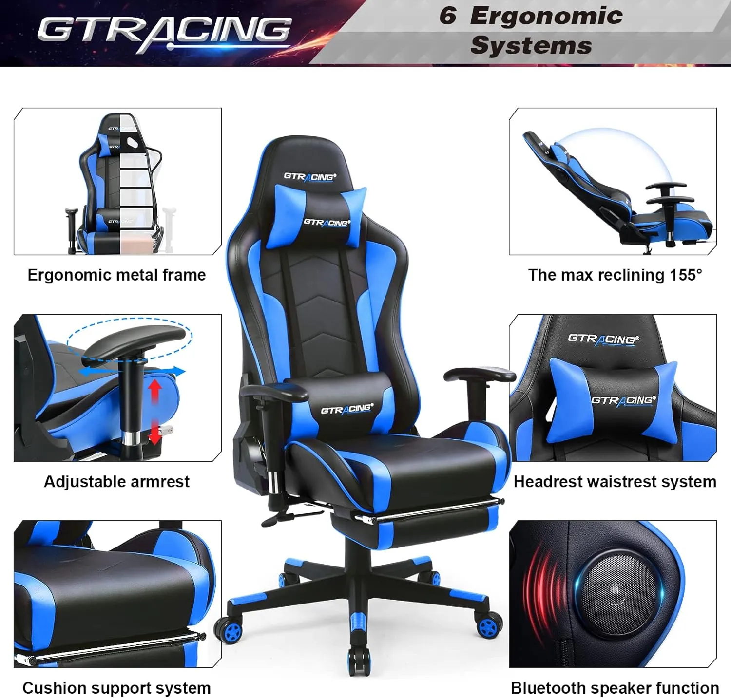 GTRACING Gaming Chair with Footrest and Bluetooth Speakers Music Video Game Chair Heavy Duty Ergonomic Computer Office Desk Chair (Blue)