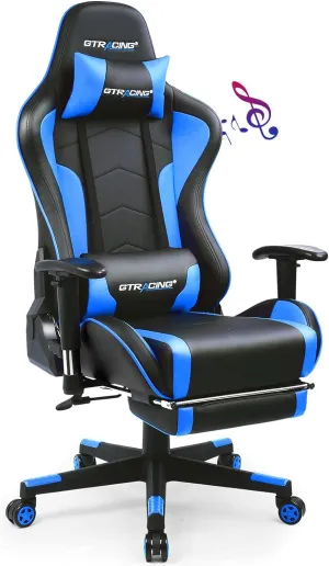 GTRACING Gaming Chair with Footrest and Bluetooth Speakers Music Video Game Chair Heavy Duty Ergonomic Computer Office Desk Chair (Blue)