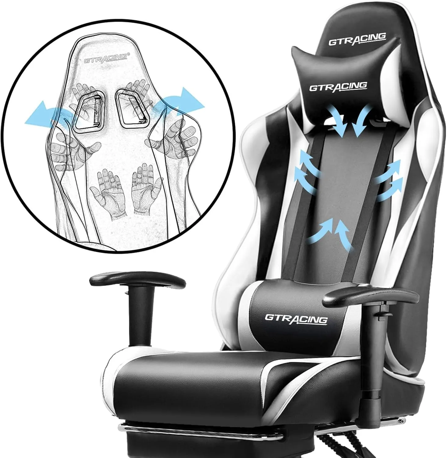 GTRACING Gaming Chair with Footrest, Ergonomic Computer Game Desk Chair, Reclining Gamer Chair Seat Height Adjustment, Swivel Rocker with Headrest and Lumbar (White)