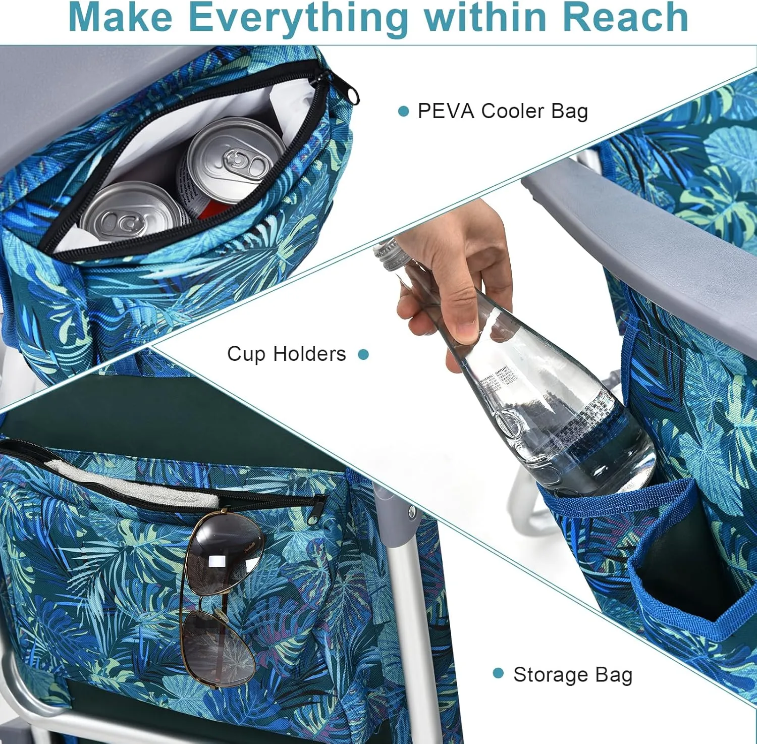 GYMAX Beach Chairs, 2-Pack Backpack Camping Chair w/Armrest, Cooler Bag, Cup Holder, Towel Bar & Pockets, Sunbath Sling Tanning Lounge, Folding Layout Chairs (Blue Leaves, Without Table)