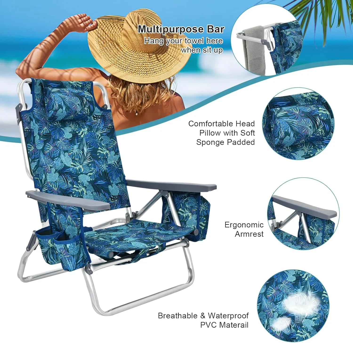 GYMAX Beach Chairs, 2-Pack Backpack Camping Chair w/Armrest, Cooler Bag, Cup Holder, Towel Bar & Pockets, Sunbath Sling Tanning Lounge, Folding Layout Chairs (Blue Leaves, Without Table)