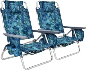 GYMAX Beach Chairs, 2-Pack Backpack Camping Chair w/Armrest, Cooler Bag, Cup Holder, Towel Bar & Pockets, Sunbath Sling Tanning Lounge, Folding Layout Chairs (Blue Leaves, Without Table)