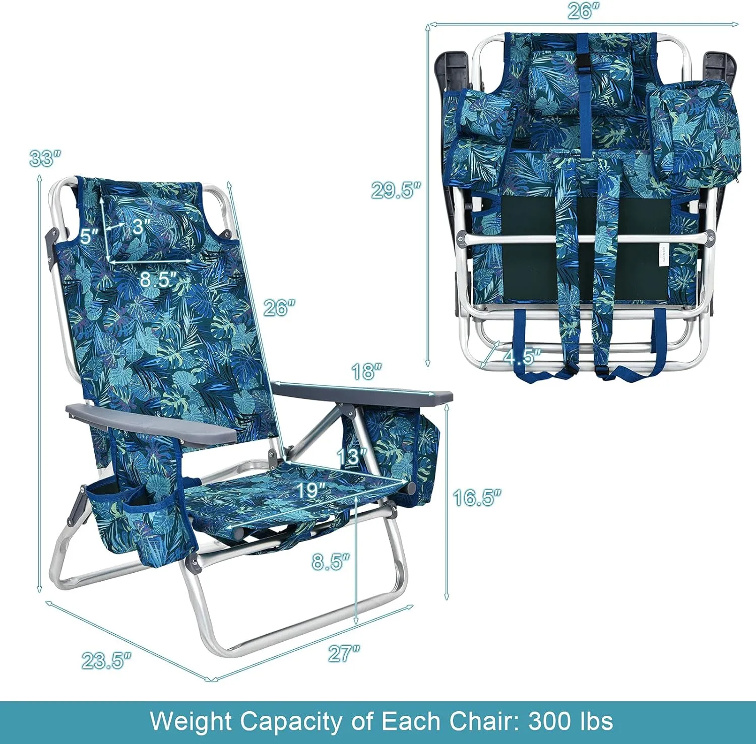 GYMAX Beach Chairs, 2-Pack Backpack Camping Chair w/Armrest, Cooler Bag, Cup Holder, Towel Bar & Pockets, Sunbath Sling Tanning Lounge, Folding Layout Chairs (Blue Leaves, Without Table)