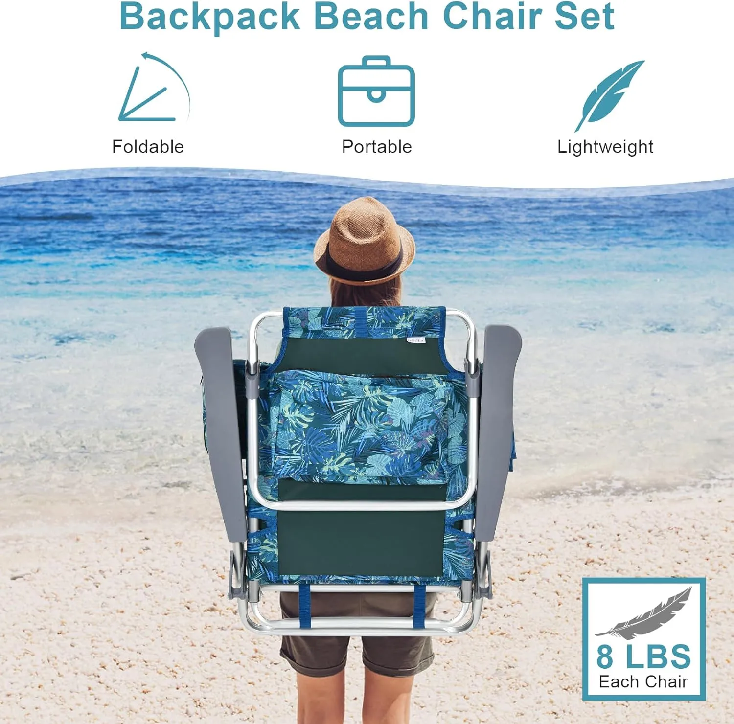 GYMAX Beach Chairs, 2-Pack Backpack Camping Chair w/Armrest, Cooler Bag, Cup Holder, Towel Bar & Pockets, Sunbath Sling Tanning Lounge, Folding Layout Chairs (Blue Leaves, Without Table)