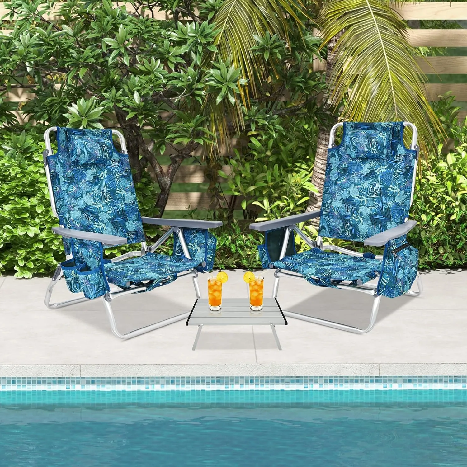 GYMAX Beach Chairs, 2-Pack Backpack Camping Chair w/Armrest, Cooler Bag, Cup Holder, Towel Bar & Pockets, Sunbath Sling Tanning Lounge, Folding Layout Chairs (Blue Leaves, Without Table)