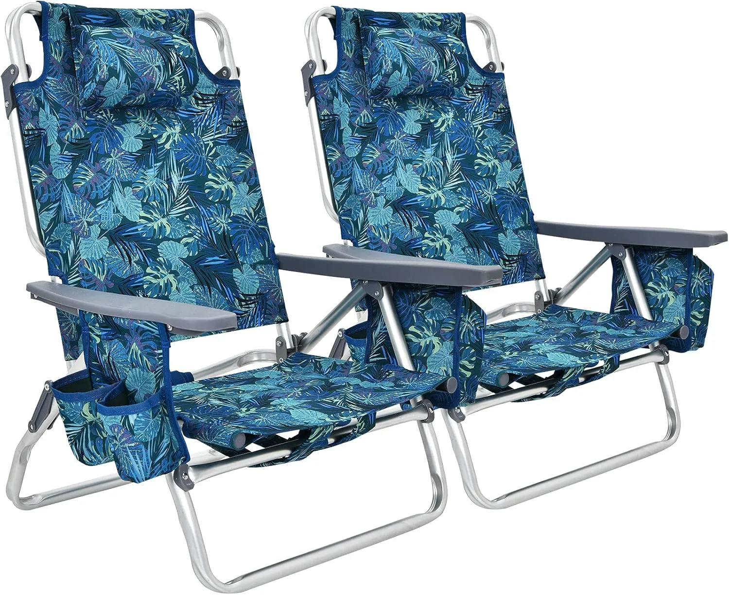 GYMAX Beach Chairs, 2-Pack Backpack Camping Chair w/Armrest, Cooler Bag, Cup Holder, Towel Bar & Pockets, Sunbath Sling Tanning Lounge, Folding Layout Chairs (Blue Leaves, Without Table)
