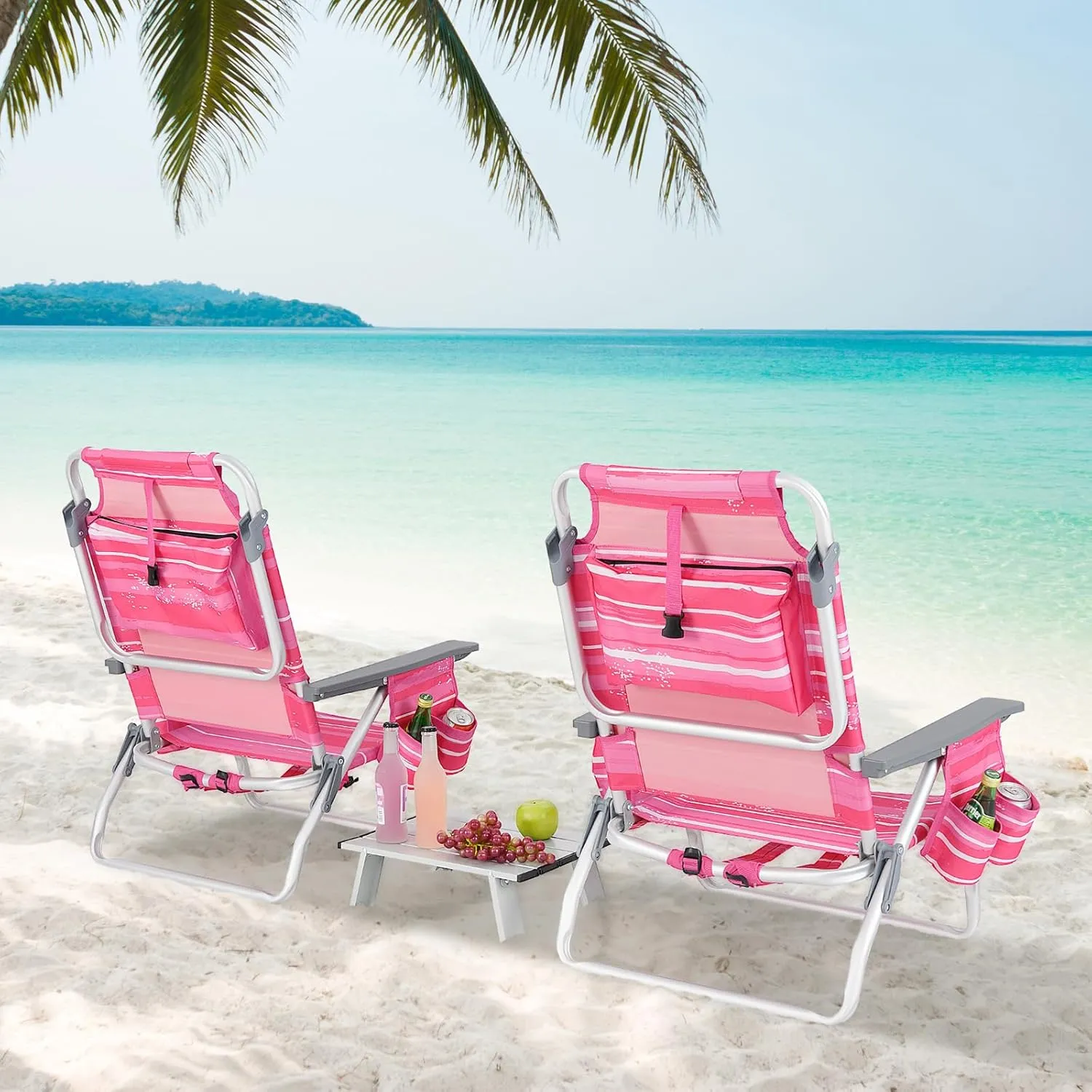 GYMAX Beach Chairs, 2-Pack Backpack Camping Chair with Armrest, Cooler Bag, Cup Holder, Towel Bar & Side Pockets, Sunbath Sling Tanning Lounge, Folding Layout Chair (with Table, Pink Stripe)