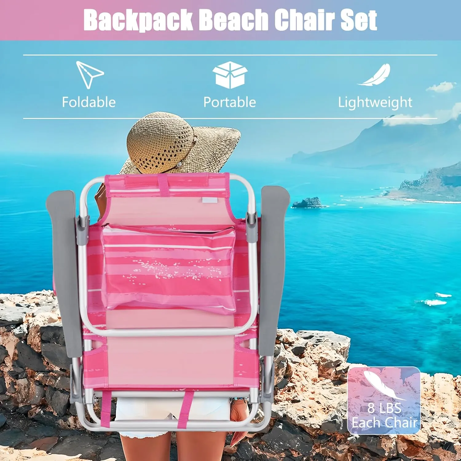 GYMAX Beach Chairs, 2-Pack Backpack Camping Chair with Armrest, Cooler Bag, Cup Holder, Towel Bar & Side Pockets, Sunbath Sling Tanning Lounge, Folding Layout Chair (with Table, Pink Stripe)