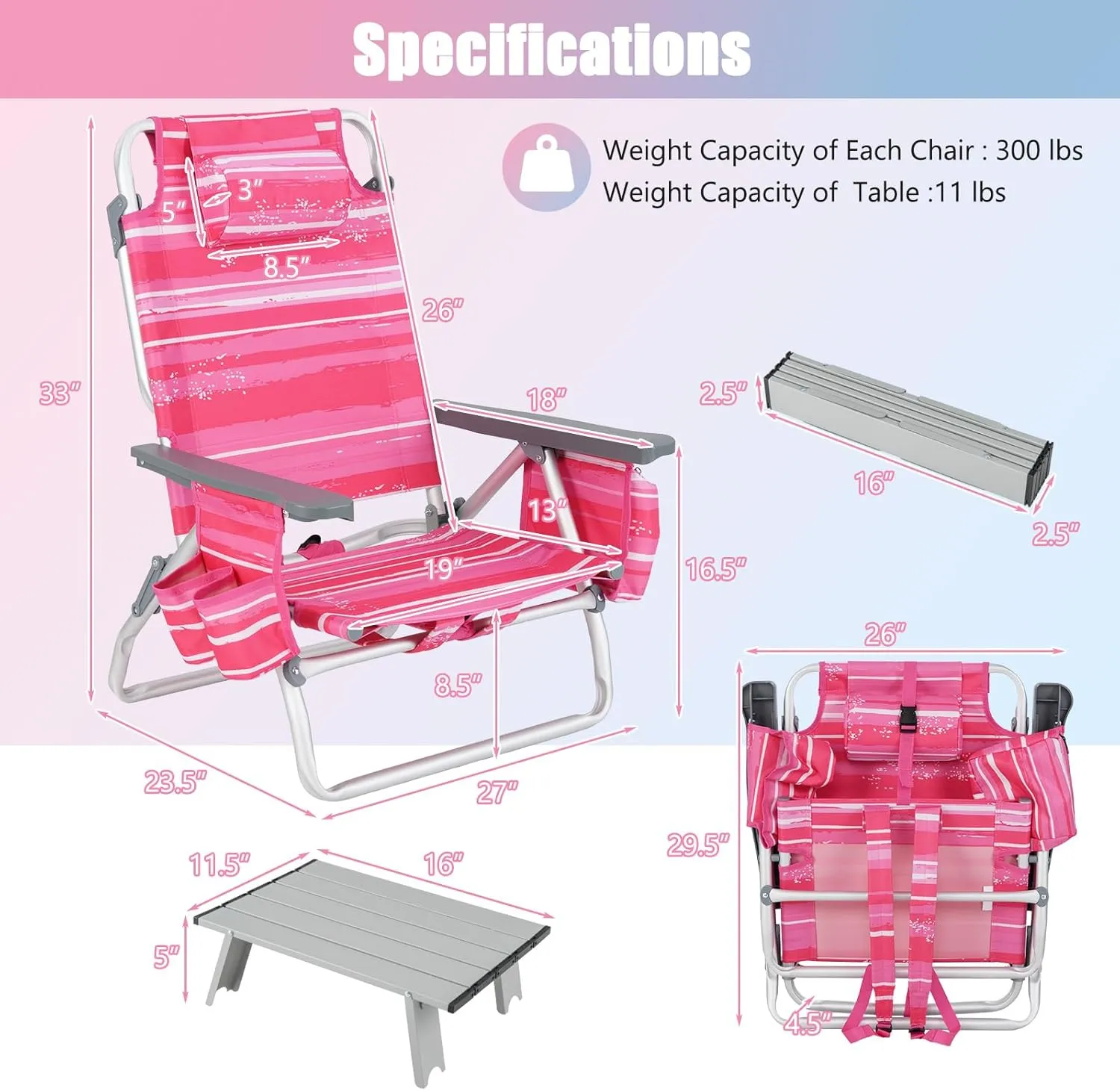 GYMAX Beach Chairs, 2-Pack Backpack Camping Chair with Armrest, Cooler Bag, Cup Holder, Towel Bar & Side Pockets, Sunbath Sling Tanning Lounge, Folding Layout Chair (with Table, Pink Stripe)