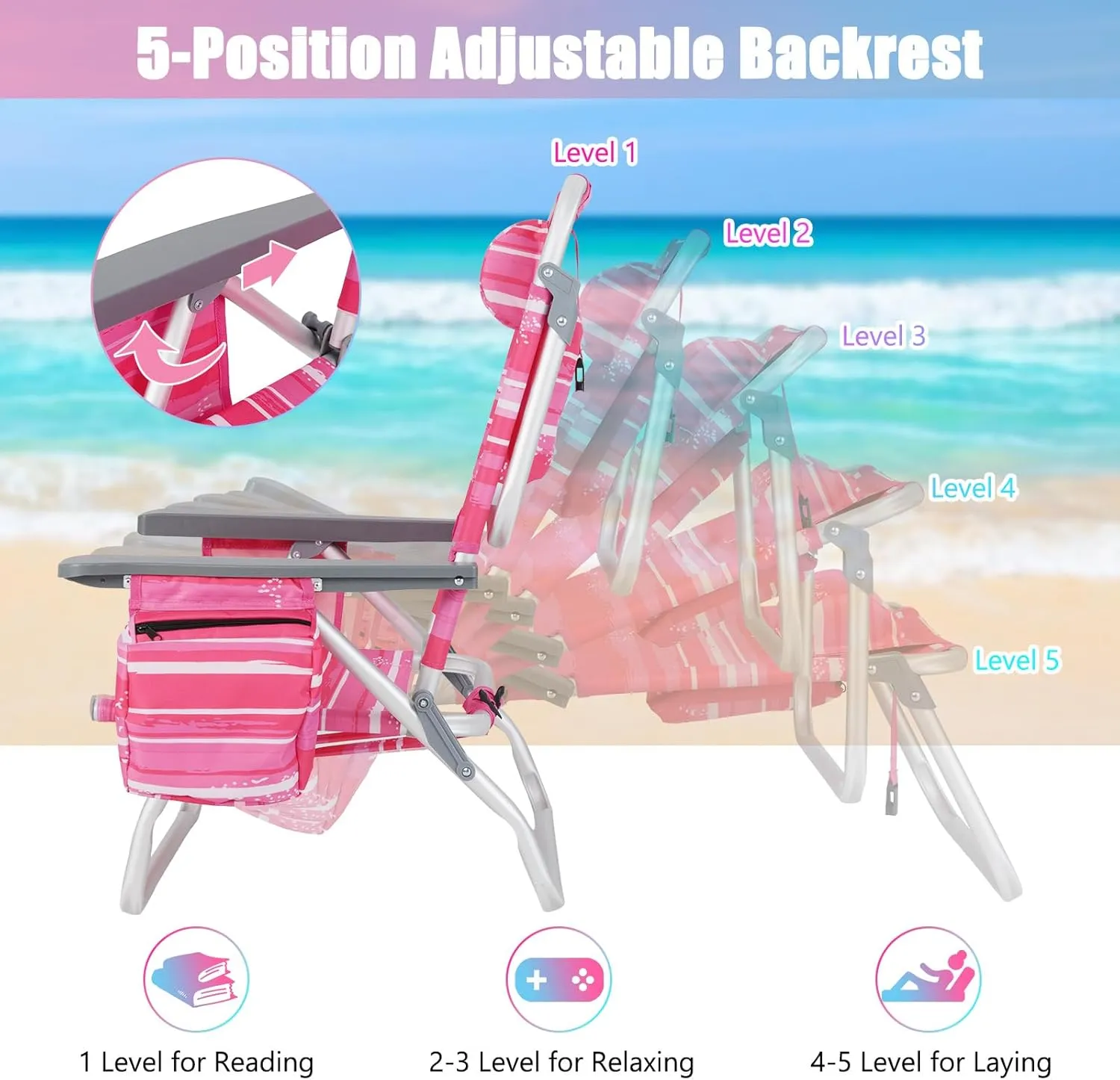 GYMAX Beach Chairs, 2-Pack Backpack Camping Chair with Armrest, Cooler Bag, Cup Holder, Towel Bar & Side Pockets, Sunbath Sling Tanning Lounge, Folding Layout Chair (with Table, Pink Stripe)