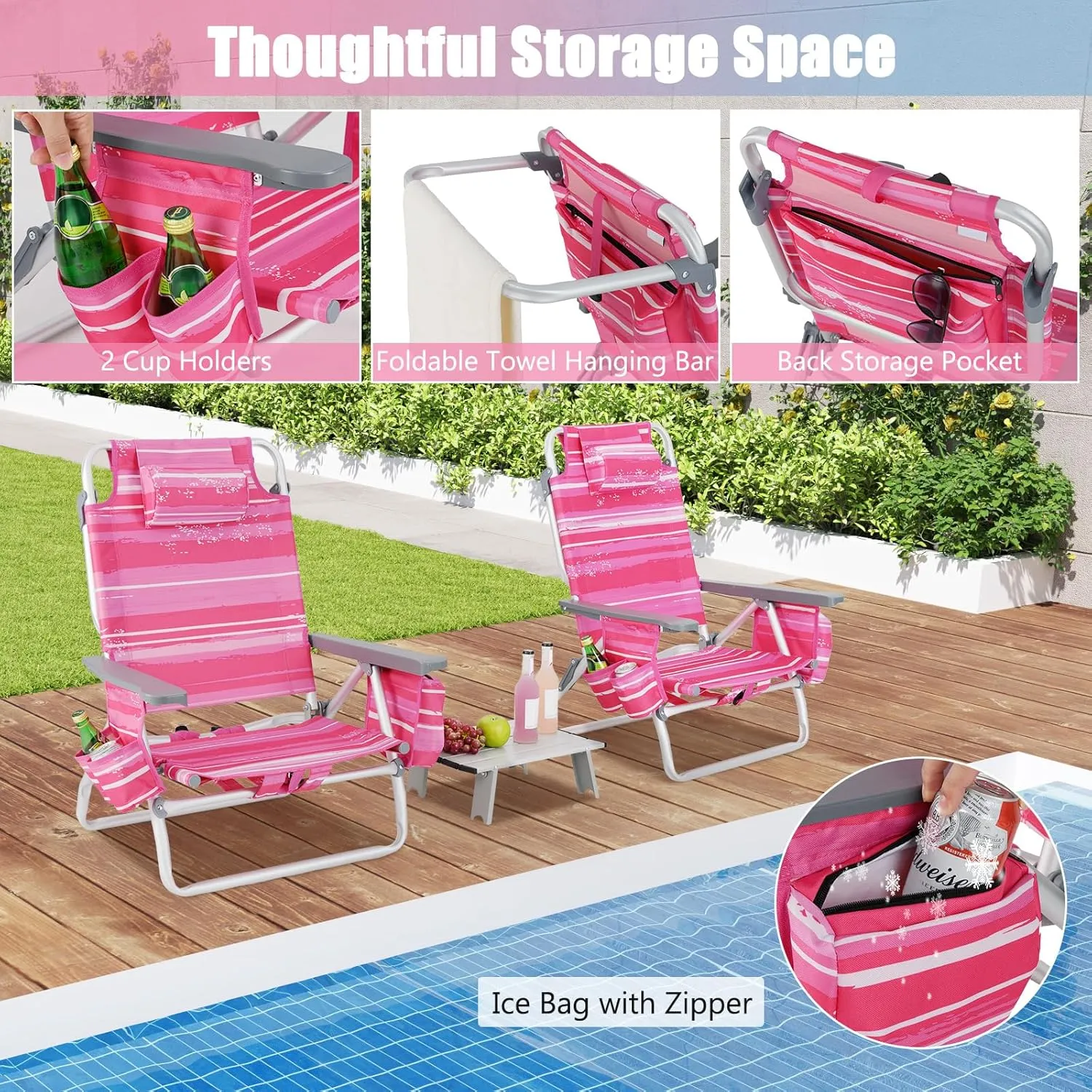 GYMAX Beach Chairs, 2-Pack Backpack Camping Chair with Armrest, Cooler Bag, Cup Holder, Towel Bar & Side Pockets, Sunbath Sling Tanning Lounge, Folding Layout Chair (with Table, Pink Stripe)