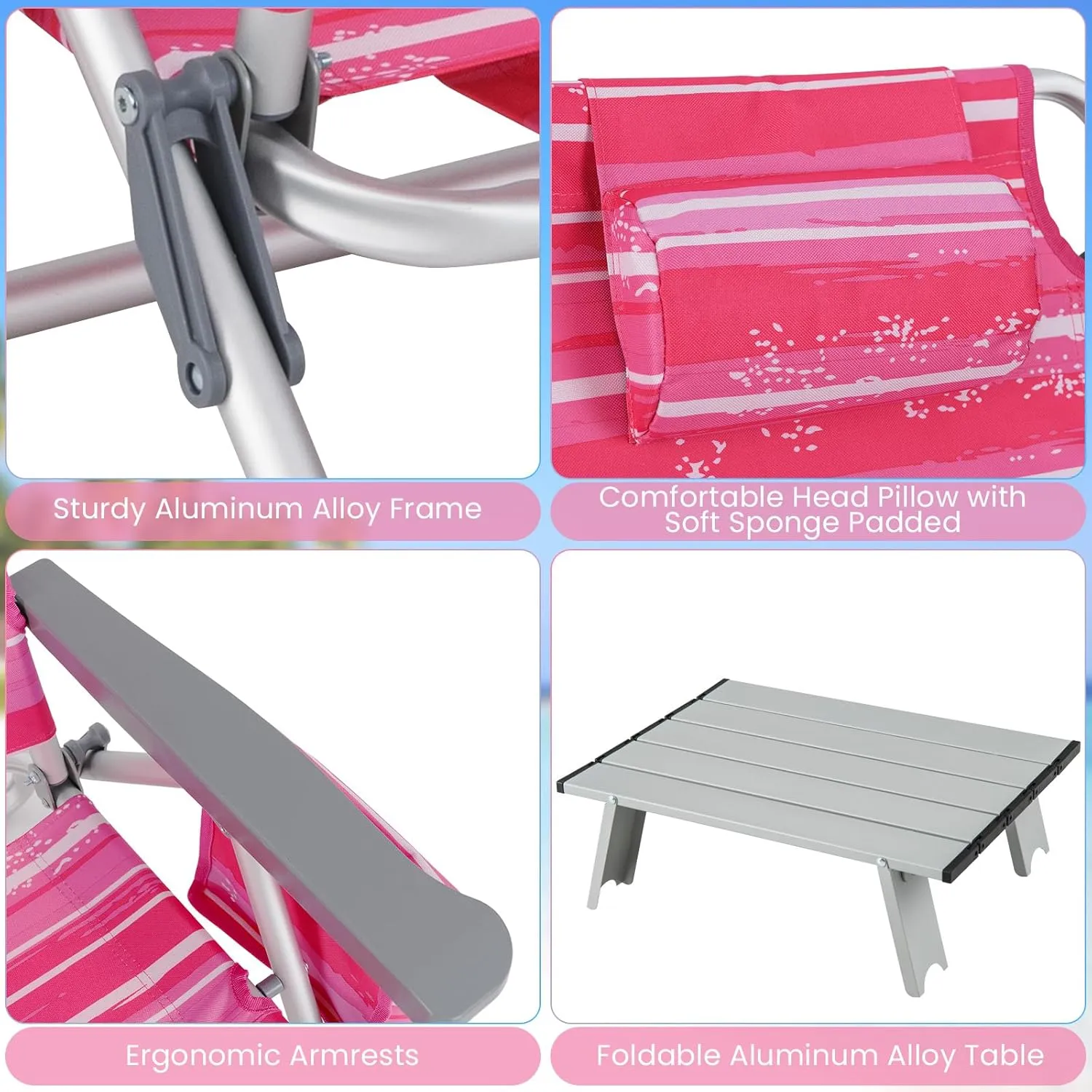 GYMAX Beach Chairs, 2-Pack Backpack Camping Chair with Armrest, Cooler Bag, Cup Holder, Towel Bar & Side Pockets, Sunbath Sling Tanning Lounge, Folding Layout Chair (with Table, Pink Stripe)