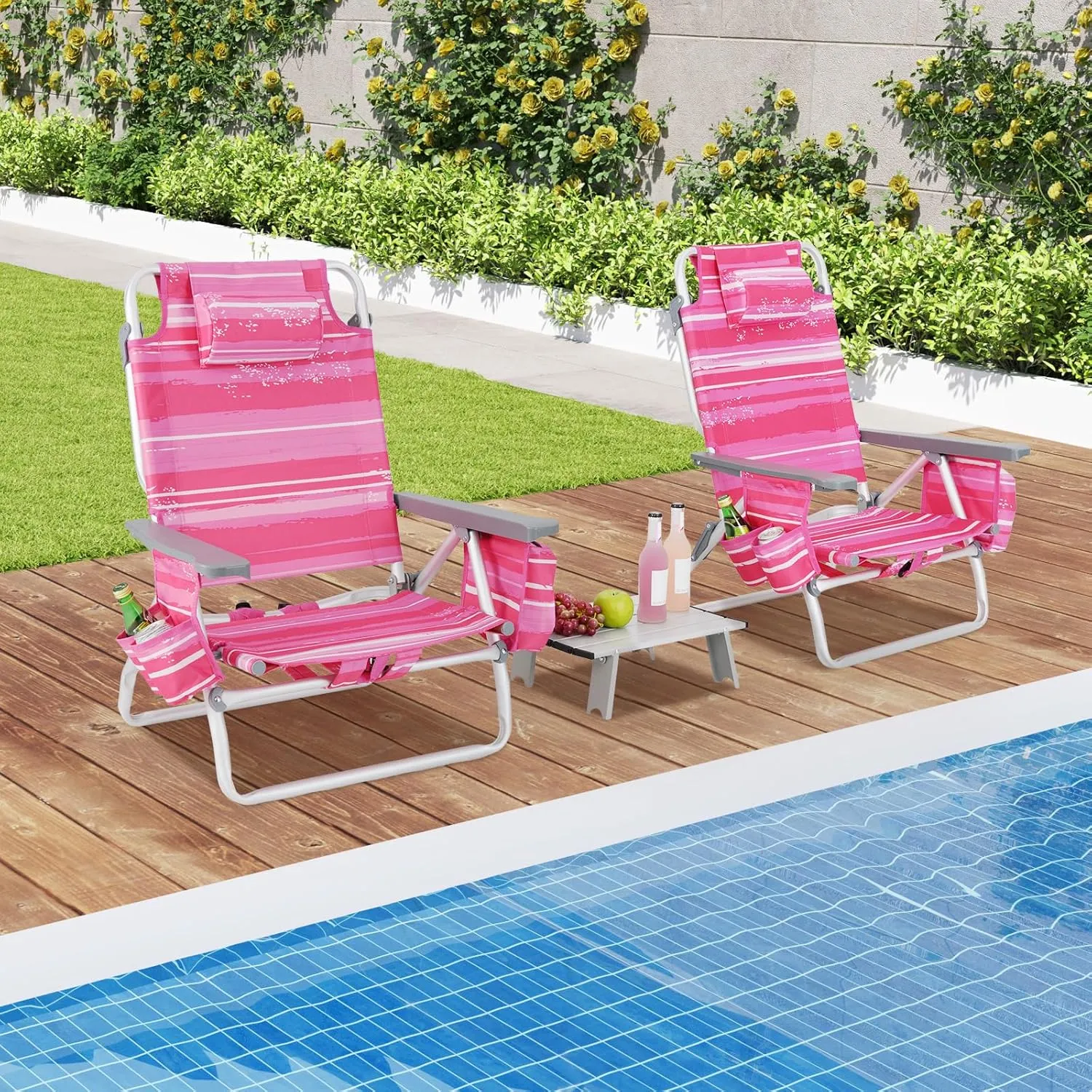 GYMAX Beach Chairs, 2-Pack Backpack Camping Chair with Armrest, Cooler Bag, Cup Holder, Towel Bar & Side Pockets, Sunbath Sling Tanning Lounge, Folding Layout Chair (with Table, Pink Stripe)