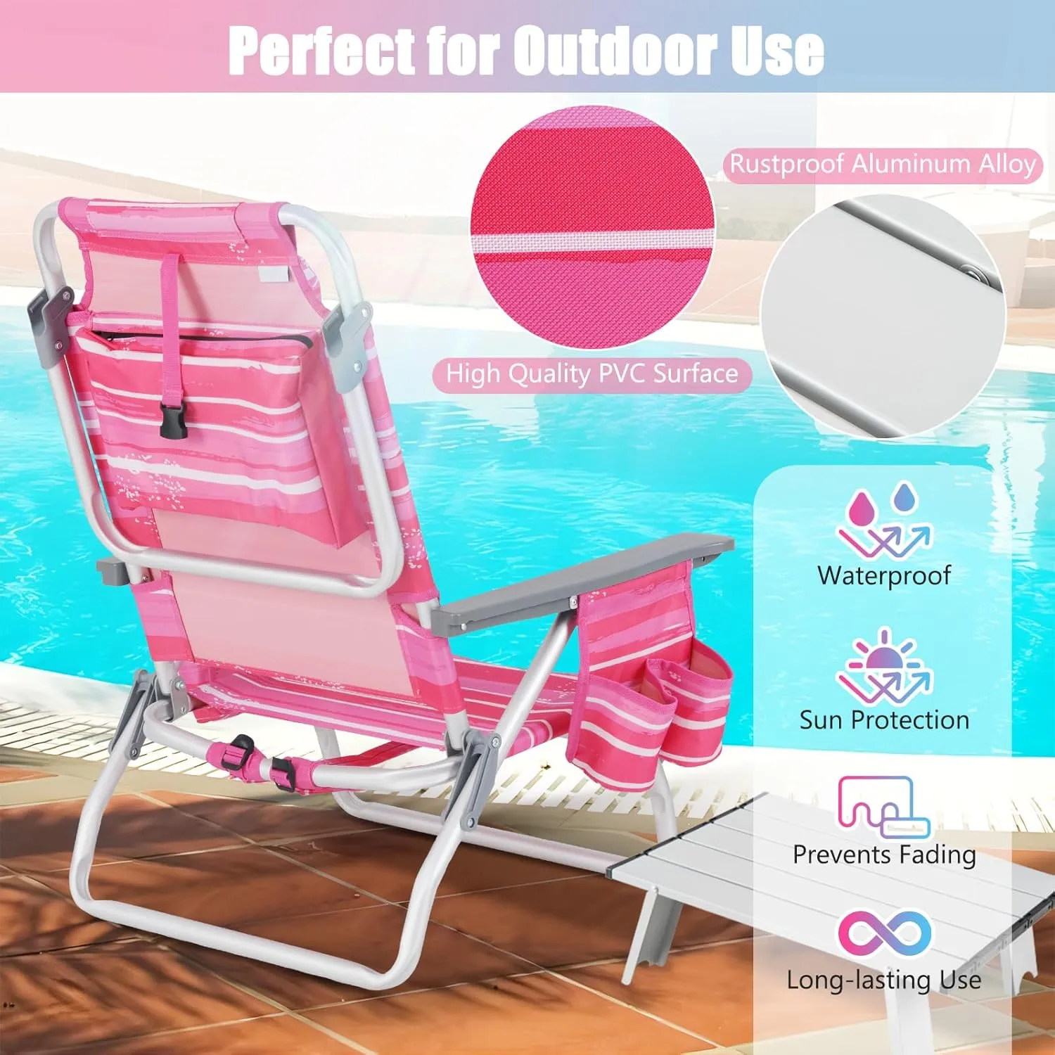GYMAX Beach Chairs, 2-Pack Backpack Camping Chair with Armrest, Cooler Bag, Cup Holder, Towel Bar & Side Pockets, Sunbath Sling Tanning Lounge, Folding Layout Chair (with Table, Pink Stripe)