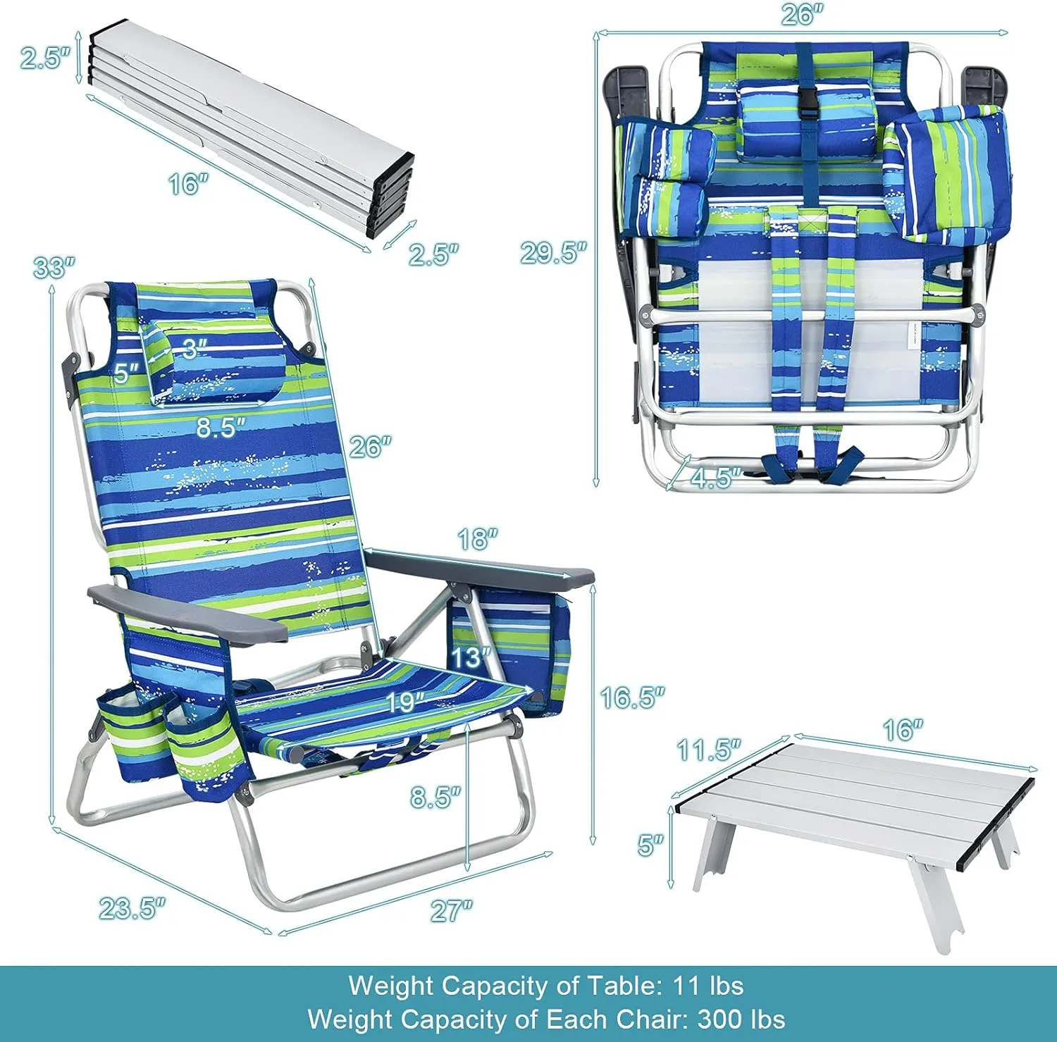 GYMAX Beach Chairs, 2-Pack Backpack Camping Chair with Armrest, Cooler Bag, Cup Holder, Towel Bar & Side Pockets, Sunbath Sling Tanning Lounge, Folding Layout Chairs (Blue Strip, with Table)