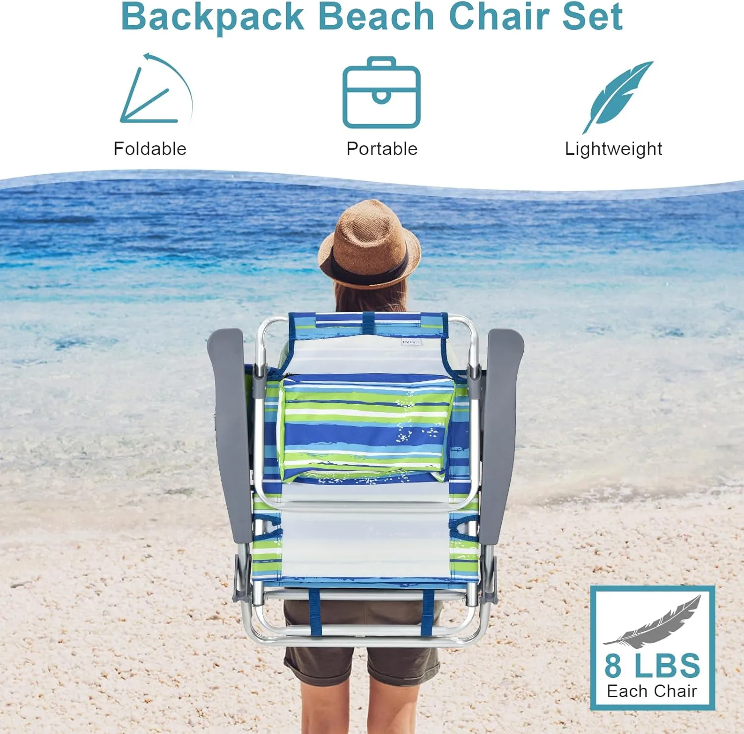 GYMAX Beach Chairs, 2-Pack Backpack Camping Chair with Armrest, Cooler Bag, Cup Holder, Towel Bar & Side Pockets, Sunbath Sling Tanning Lounge, Folding Layout Chairs (Blue Strip, with Table)