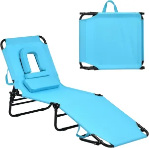 GYMAX Beach Lounge Chair, Sunbathing Chair Patio Lounge Chair Folding Adjustable Recliner with Hole for Face