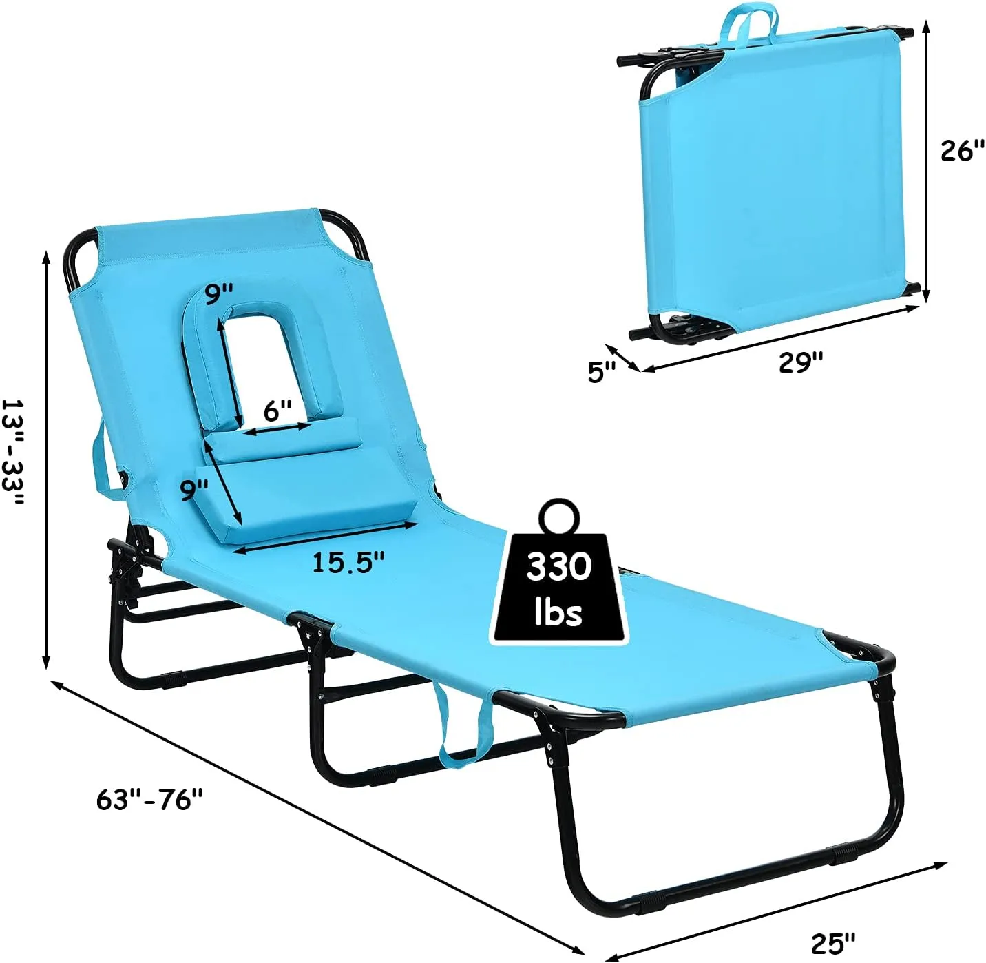 GYMAX Beach Lounge Chair, Sunbathing Chair Patio Lounge Chair Folding Adjustable Recliner with Hole for Face