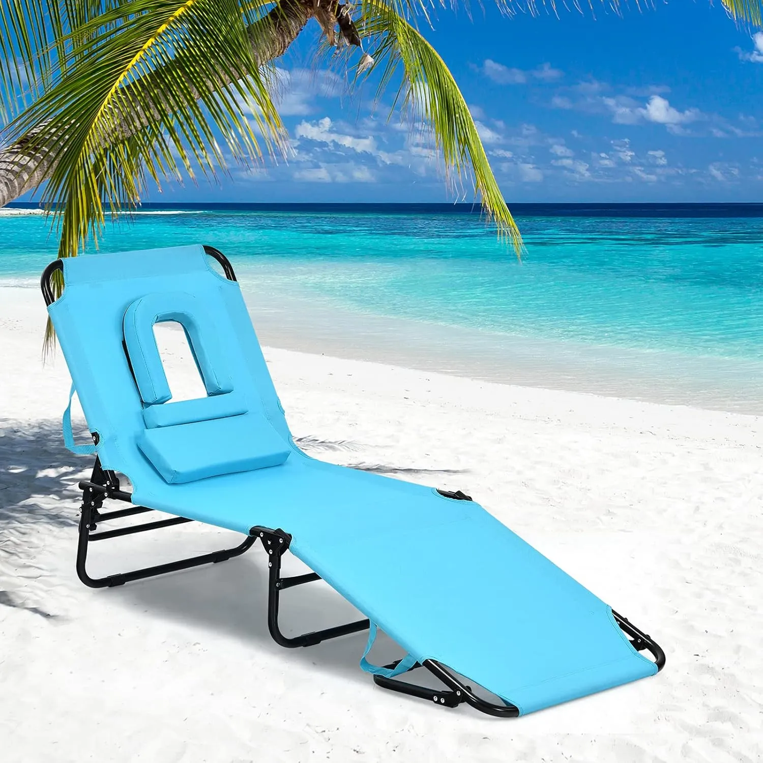 GYMAX Beach Lounge Chair, Sunbathing Chair Patio Lounge Chair Folding Adjustable Recliner with Hole for Face