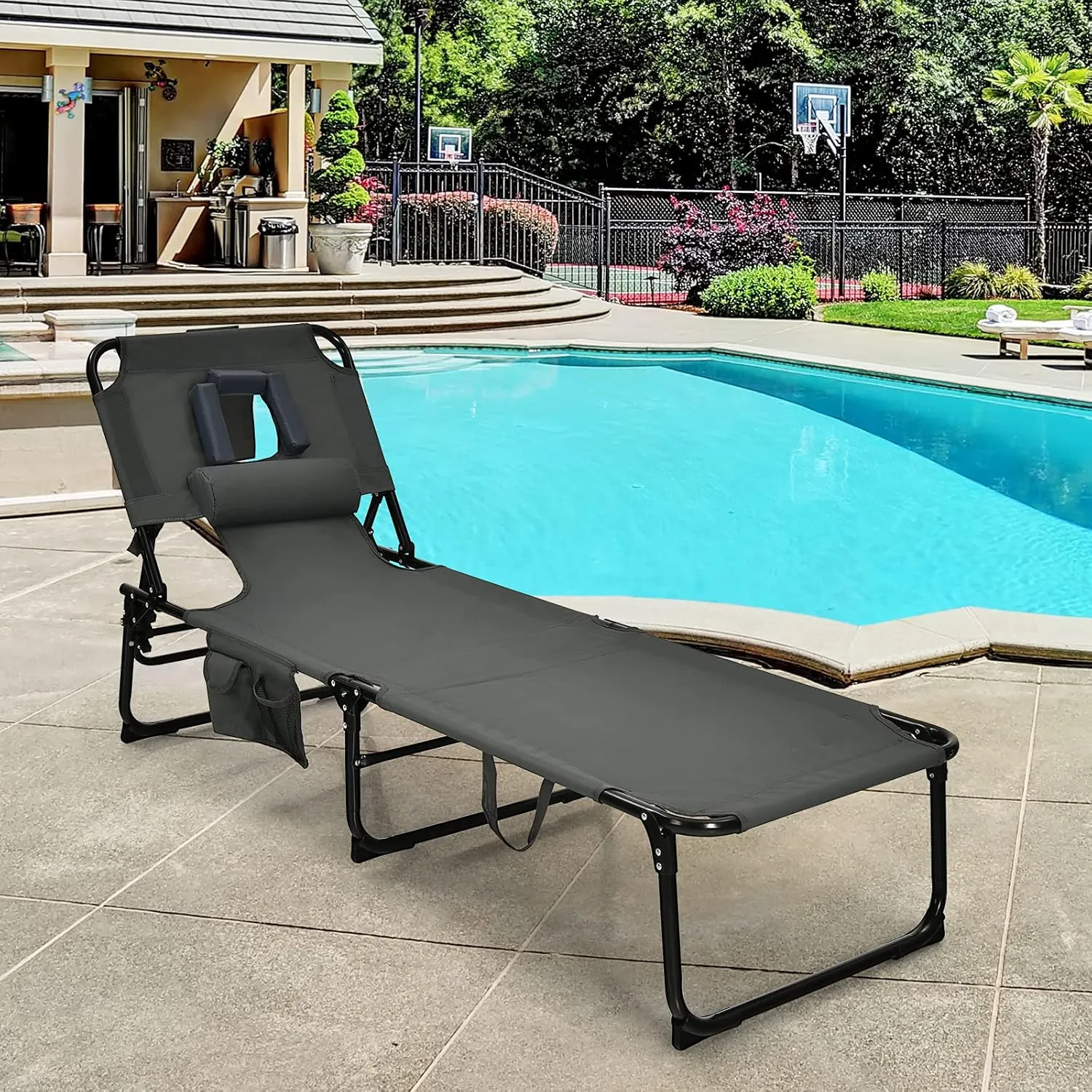 GYMAX Tanning Chair, Folding Beach Lounger with Face Arm Hole, Adjustable Backrest, Side Pocket, Pillow & Carry Handle, Outside Sunbathing Lounge Chair for Patio, Poolside, Lawn (1, Gray)