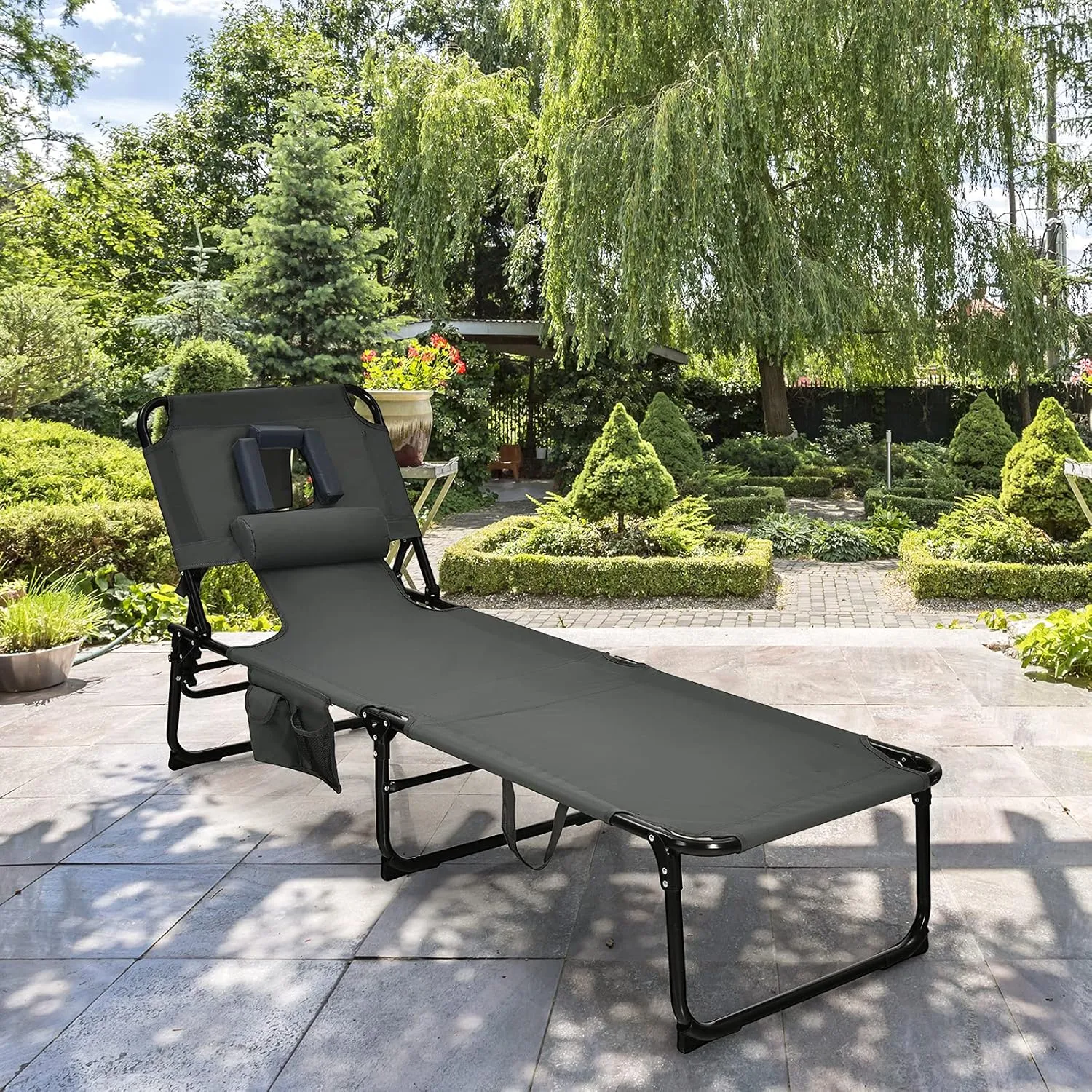 GYMAX Tanning Chair, Folding Beach Lounger with Face Arm Hole, Adjustable Backrest, Side Pocket, Pillow & Carry Handle, Outside Sunbathing Lounge Chair for Patio, Poolside, Lawn (1, Gray)