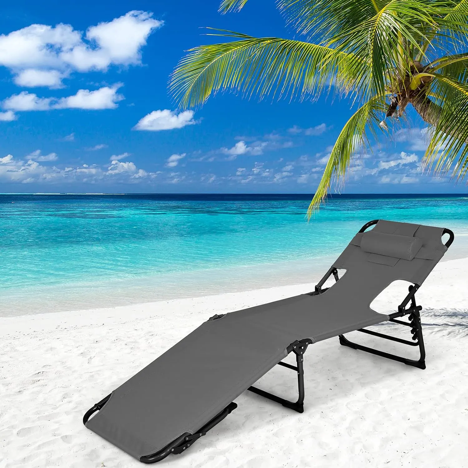 GYMAX Tanning Chair, Folding Beach Lounger with Face Arm Hole, Adjustable Backrest, Side Pocket, Pillow & Carry Handle, Outside Sunbathing Lounge Chair for Patio, Poolside, Lawn (1, Gray)