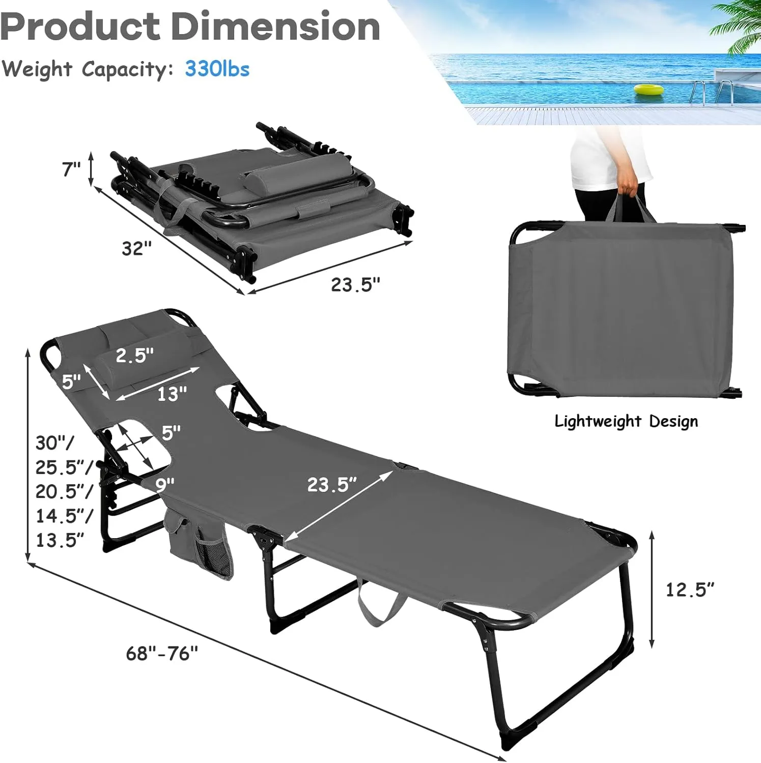 GYMAX Tanning Chair, Folding Beach Lounger with Face Arm Hole, Adjustable Backrest, Side Pocket, Pillow & Carry Handle, Outside Sunbathing Lounge Chair for Patio, Poolside, Lawn (1, Gray)
