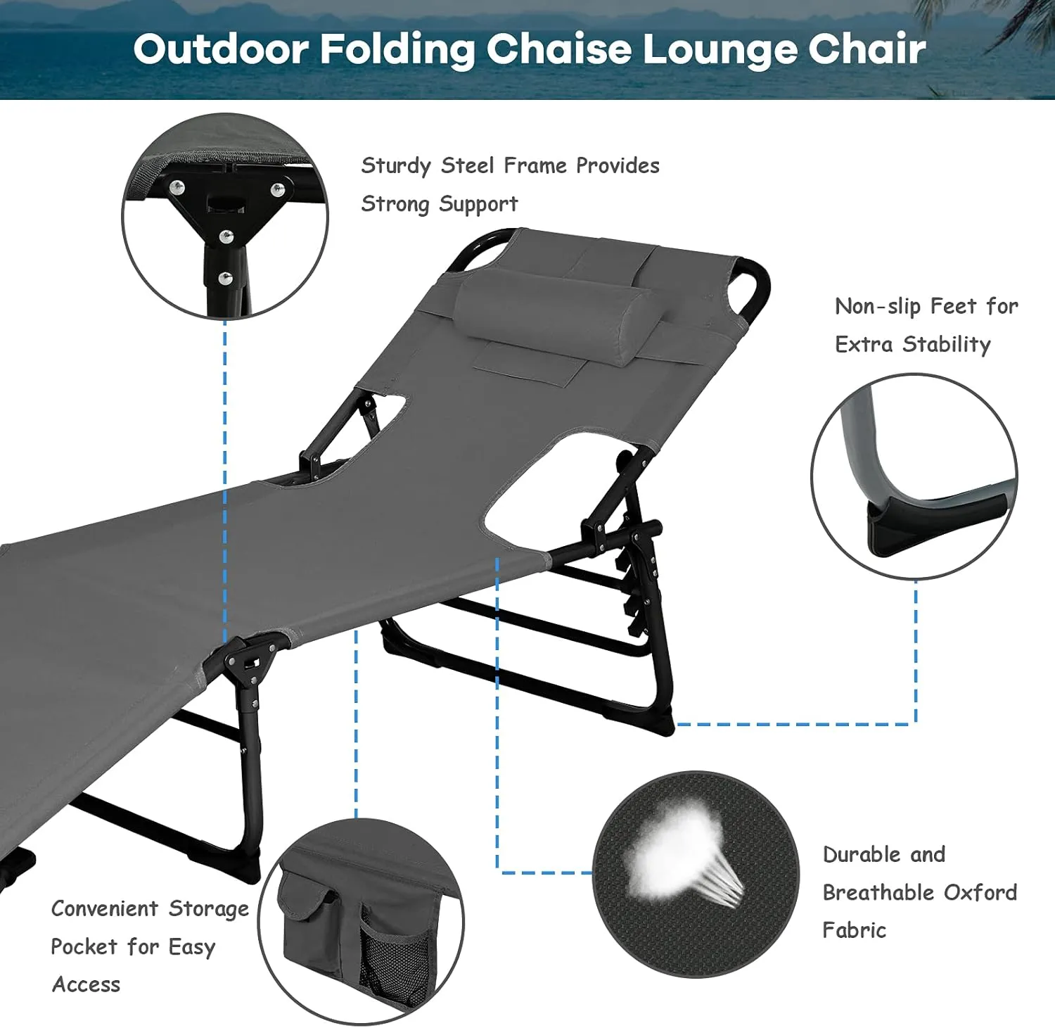 GYMAX Tanning Chair, Folding Beach Lounger with Face Arm Hole, Adjustable Backrest, Side Pocket, Pillow & Carry Handle, Outside Sunbathing Lounge Chair for Patio, Poolside, Lawn (1, Gray)