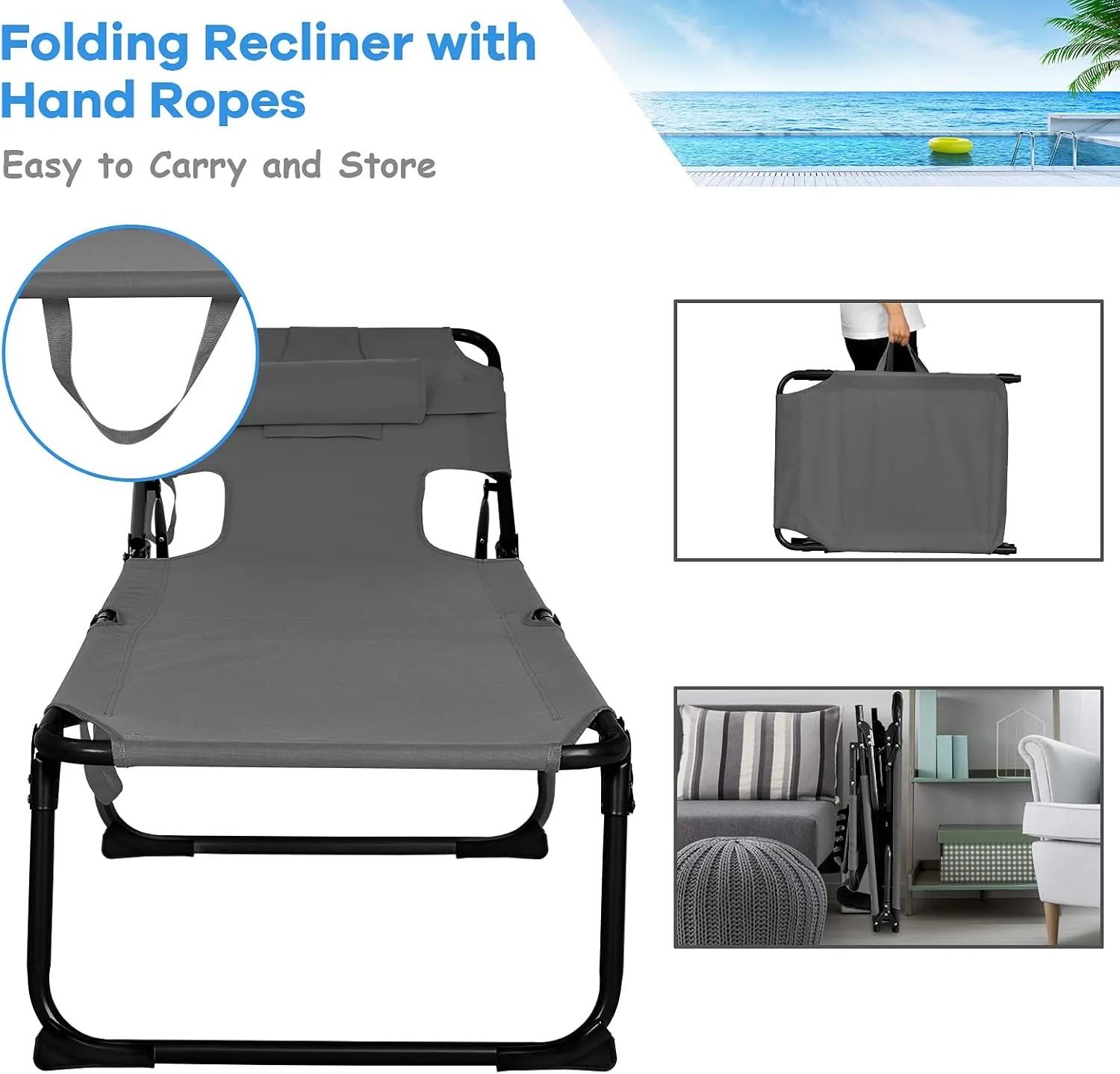 GYMAX Tanning Chair, Folding Beach Lounger with Face Arm Hole, Adjustable Backrest, Side Pocket, Pillow & Carry Handle, Outside Sunbathing Lounge Chair for Patio, Poolside, Lawn (1, Gray)