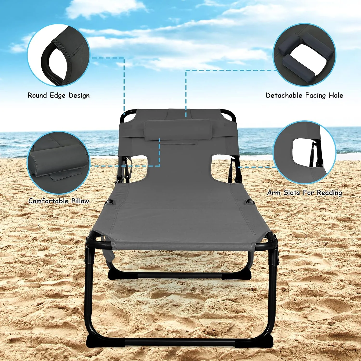 GYMAX Tanning Chair, Folding Beach Lounger with Face Arm Hole, Adjustable Backrest, Side Pocket, Pillow & Carry Handle, Outside Sunbathing Lounge Chair for Patio, Poolside, Lawn (1, Gray)