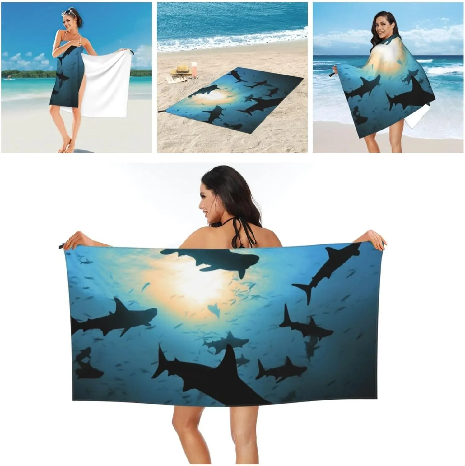 Hammerhead Sharks Beach Towel Sand Free Fast Drying Microfiber Travel Towel for Women Men Super Absorbent Camping Towels Soft Compact Gym Towel for Swimming Hiking 31.5"x63"