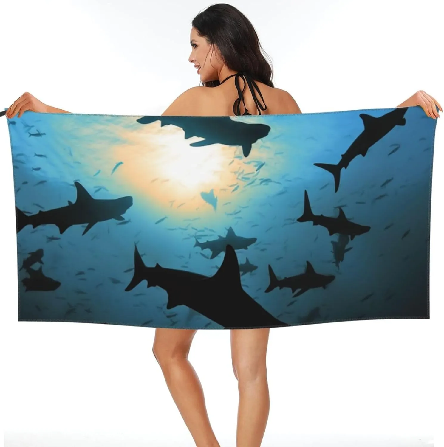 Hammerhead Sharks Beach Towel Sand Free Fast Drying Microfiber Travel Towel for Women Men Super Absorbent Camping Towels Soft Compact Gym Towel for Swimming Hiking 31.5"x63"