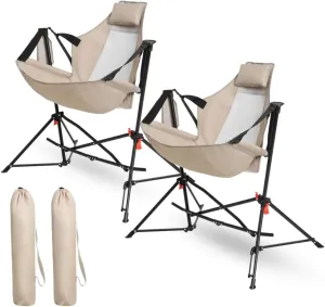 Hammock Camping Chair, Folding Portable Rocking Chair, Aluminum Alloy Adjustable Back Swinging Chair with Pillow Cup Holder, Recliner with Carry Bag for Outdoor Travel Lawn Backyard (Khaki)