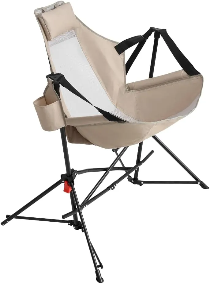 Hammock Camping Chair, Folding Portable Rocking Chair, Aluminum Alloy Adjustable Back Swinging Chair with Pillow Cup Holder, Recliner with Carry Bag for Outdoor Travel Lawn Backyard (Khaki)