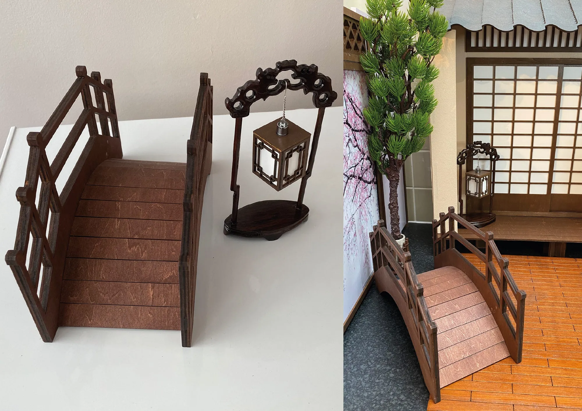 Handmade 1:6 miniature dollhouse wood Japanese bridge lantern with stand furniture for doll